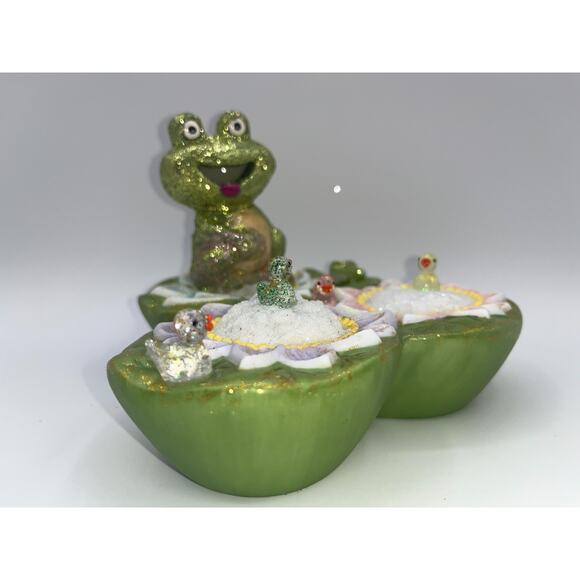 Vintage Ceramic Green Frog on Lilly Pad Ducks Deb O. Original OOAK Spring Decor - Picture 6 of 16